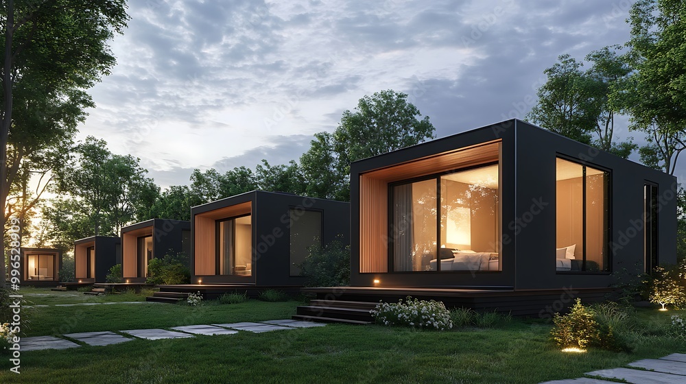 Wall mural Modern Minimalist Cabins in a Tranquil Forest Setting.