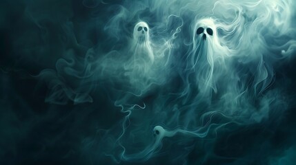 Spooky wallpaper with floating ghostly faces and swirling mist, giving an eerie and unsettling vibe