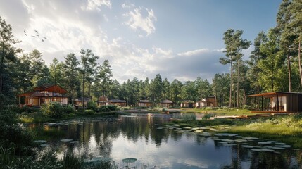 Obraz premium Serene lakeside cabins nestled in a tranquil forest, perfect for relaxation and nature retreats.