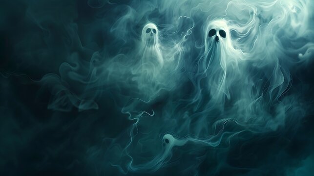 Spooky wallpaper with floating ghostly faces and swirling mist, giving an eerie and unsettling vibe