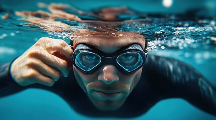 Close-up of a male swimmer wearing goggles, focused and ready to dive underwater, capturing the essence of athleticism.