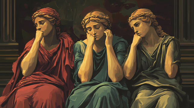Illustration of pensive triple antigone. Greek Mythology. Illustration