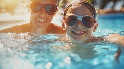 A joyful Caucasian mother and daughter enjoying a sunny day in a pool, both wearing stylish sunglasses and smiling brightly.