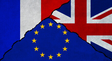 France, European Union and United Kingdom (UK) painted flags on wall. France, Britain and EU relations