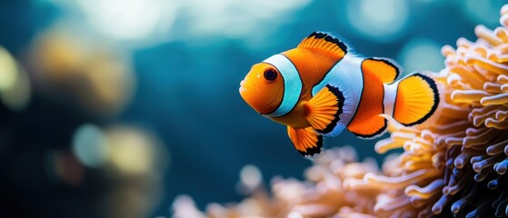 Clownfish swimming among corals, vibrant colors, undersea environment.