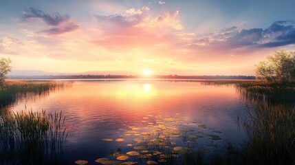 Naklejka premium Tranquil sunset over a serene lake, reflecting vibrant hues of orange and purple in the sky.