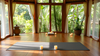 Yoga mat and candles on wooden floor in modern living room.