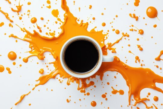 Coffee cup surrounded by vibrant orange splash on white background.