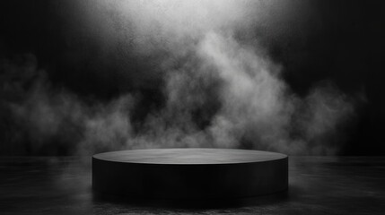 Empty circular stage with dramatic lighting and mist, creating a mysterious and atmospheric mood.