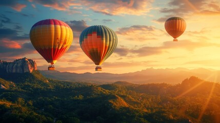 Naklejka premium Three colorful hot air balloons flying over the mountain, green forest and blue sky at sunset time, Beautiful landscape background, photo-realistic style, high resolution photography