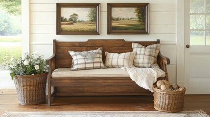 Obraz premium The entryway features a rustic bench adorned with pillows and throw blankets, complemented by framed landscape prints and a textured rug for a warm atmosphere.