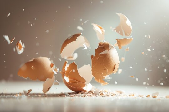 Broken eggshells in mid-air