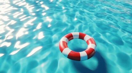 Naklejka premium Red and white lifebuoy floats serenely on shimmering turquoise water.