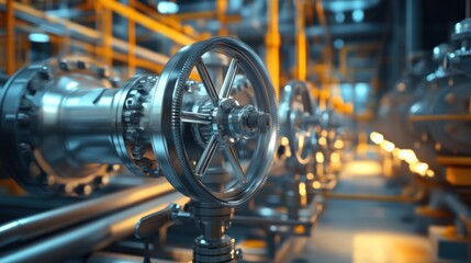 Close-up of industrial valves and controls in a manufacturing facility, showcasing metallic textures and intricate machinery.