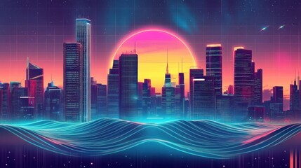 A vibrant retro-futuristic cityscape at sunset, with neon waves in the foreground.
