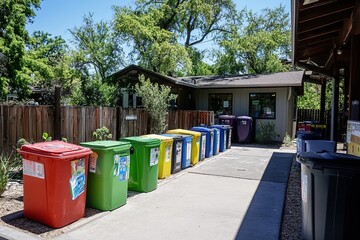 Row of colorful recycling bins in sunny outdoor setting