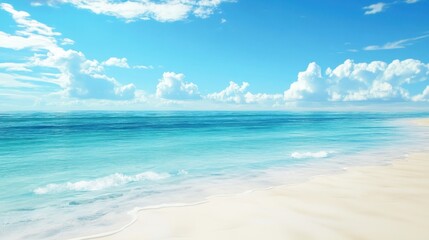 Obraz premium Serene beach view with gentle waves lapping at the shore under a bright blue sky.