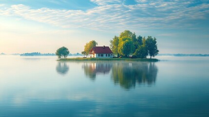 Fototapeta premium Serene House on a Misty Lake