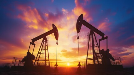 Silhouettes of oil pumps against a vibrant sunset sky, capturing the essence of energy production and nature's beauty.
