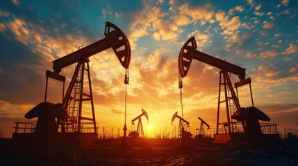 Silhouette of oil pumps at sunset, creating a striking contrast against colorful skies.