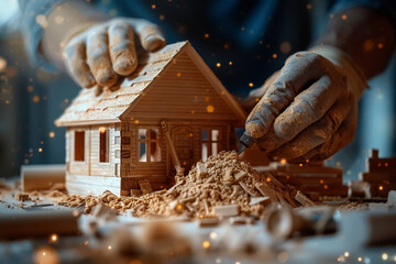 Building miniature wooden house with careful attention to detail, surrounded by sawdust and tools, evokes sense of craftsmanship and dedication