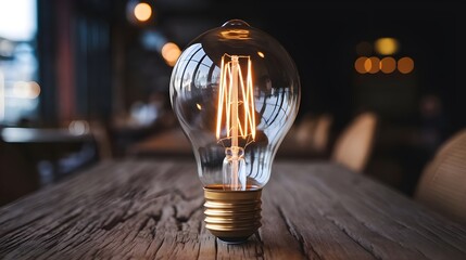 Light Bulb On Wooden Table In Restaurant Interior
