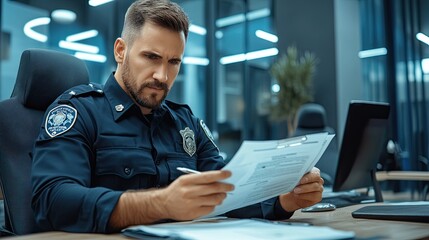Fototapeta premium A focused police officer reviewing documents at a desk in a modern office setting, symbolizing diligence and responsibility.