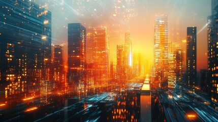 Fototapeta premium A vibrant futuristic cityscape with glowing skyscrapers at sunset, exuding an energetic and dynamic mood.