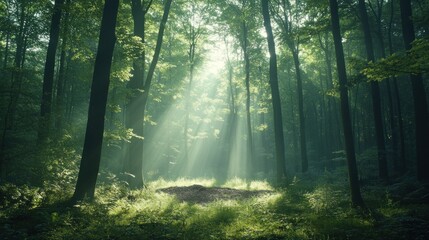 Obraz premium Serene Forest Clearing with Sunlight Filtering Through Tall Trees - Ideal for Text Overlays or Brand Messaging