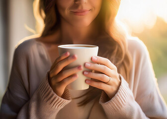 Woman holding coffee mug inside warm sunlight glow backlit