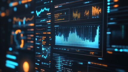 Obraz premium Futuristic data analytics dashboard showcasing vibrant blue and orange visualizations.