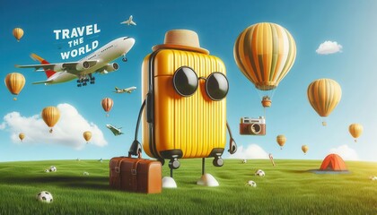 A yellow suitcase character stands on a green field with travel items around..Concept: Adventure travel, Exploring new places, Travel essentials for a fun trip