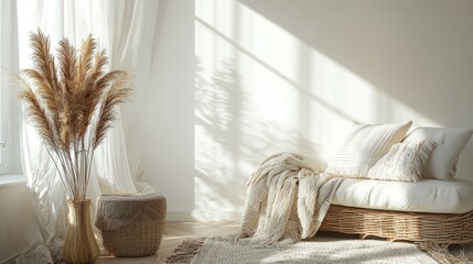 A white room with a white couch and a white blanket on it