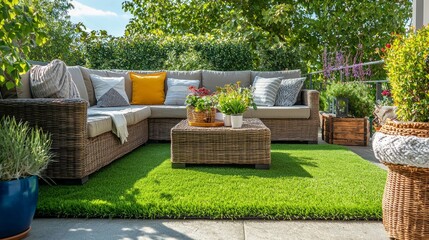 Cozy and sunny balcony with synthetic grass and stylish rattan corner sofa with decorative pillows and rattan coffee table