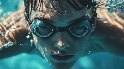 A focused young male swimmer, with short brown hair, prepares for a dive, showcasing determination and concentration underwater.