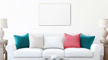 Mockup poster canvas in the living room, the pastel sofa with colorful pillows, 3d render, mockup
