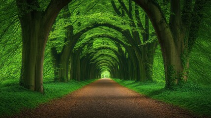 Fototapeta premium A serene pathway through a lush, green forest, framed by towering trees creating a natural tunnel effect.