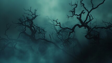 Wallpaper of creepy black trees with twisted branches and fog rolling in, mysterious and ominous