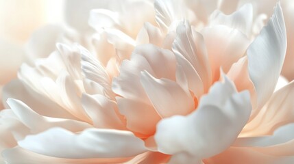 Fototapeta premium Close-up of a delicate white peony flower, showcasing soft petals with a hint of peach, creating a serene and elegant atmosphere.
