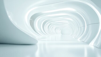 Minimalist futuristic hallway with smooth curves and soft white lighting, creating a serene and modern atmosphere.