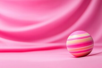 Obraz premium Colorful striped ball on a soft pink fabric background.