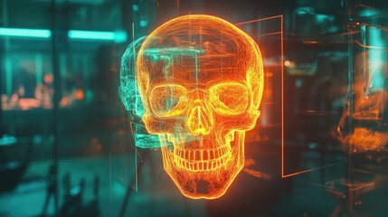 A glowing, transparent skull hologram with vibrant colors, showcasing advanced technology in a futuristic lab environment.