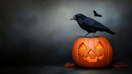 A crow perched on a glowing jack-o'-lantern with a bat overhead, Halloween theme.