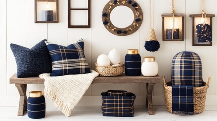 The entryway features a rustic bench adorned with pillows and throw blankets, complemented by framed landscape prints and a textured rug for a warm atmosphere.