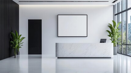 Spacious bank lobby with contemporary art, marble reception, minimalist design, luxury bank space, sophisticated interior