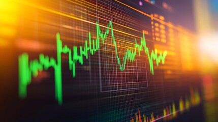 Close-up of digital stock market screen showing dividend stock graph with green upward trend line, symbolizing financial growth and investment success.