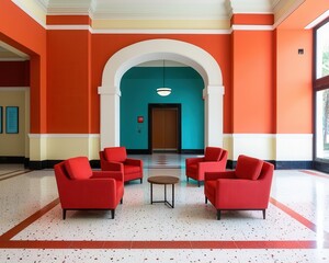 Eclectic bank interior with mixed styles, vibrant colors, artistic decor, creative bank lobby, luxury eclecticism