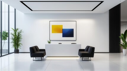 High-end bank waiting area with stylish furniture, contemporary art, soft lighting, luxury client space, elegant comfort