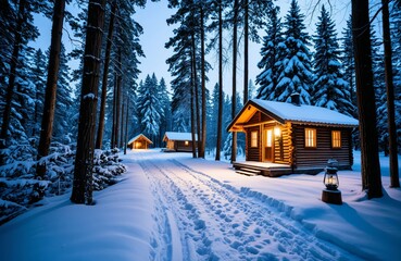 Snowy forest path with lanterns leading to cozy cabin