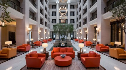 Modern Hotel Lobby Interior with Orange Couches and Marble Floor